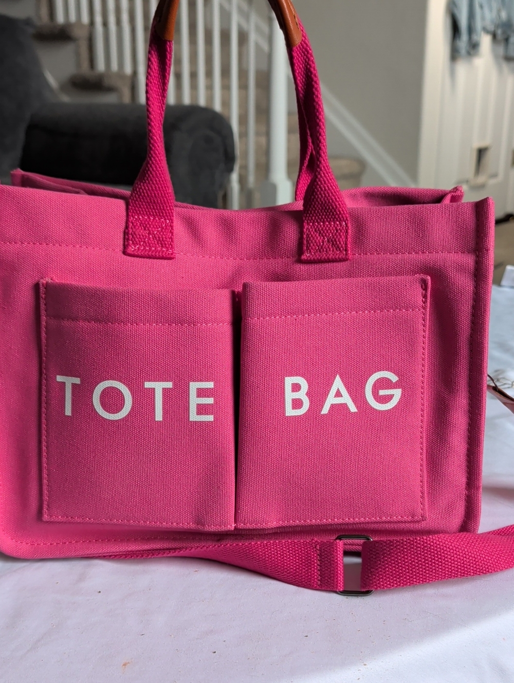 Bold Pink Canvas Tote with Front Pockets
